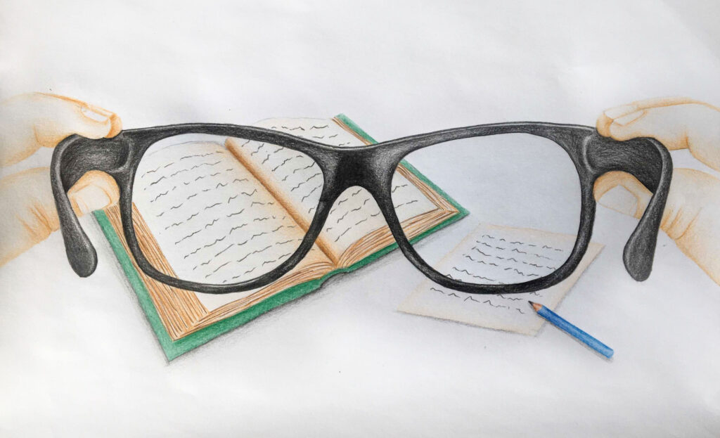 gemaltes Bild von einer Brille durch die man ein Buch, sowie einen Blatt Papier und einen Stift sieht